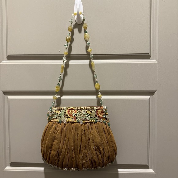 Mary Frances Beaded Silk Handbag Embroidered Birds Floral Gemstone Strap - Picture 2 of 11